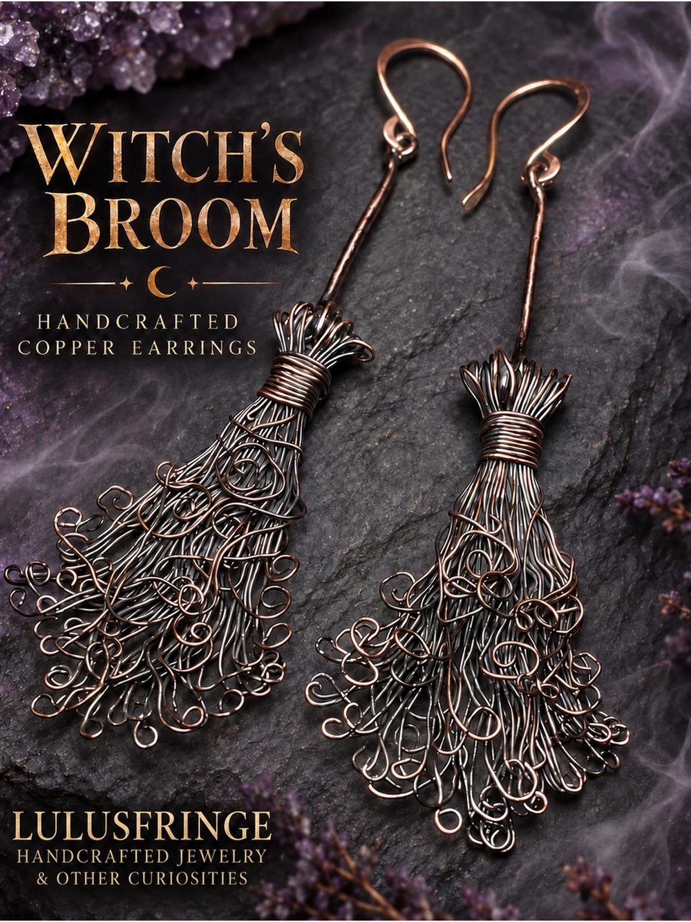Copper Witch's Broom Dangle Earrings - Artisan Made